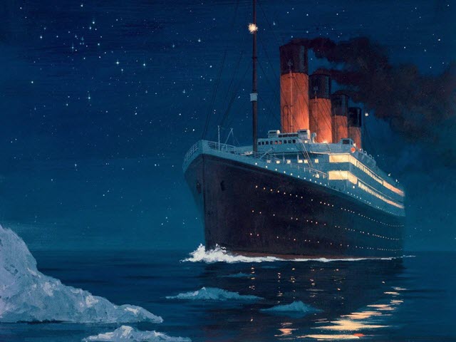 Titanic about to hit iceberg